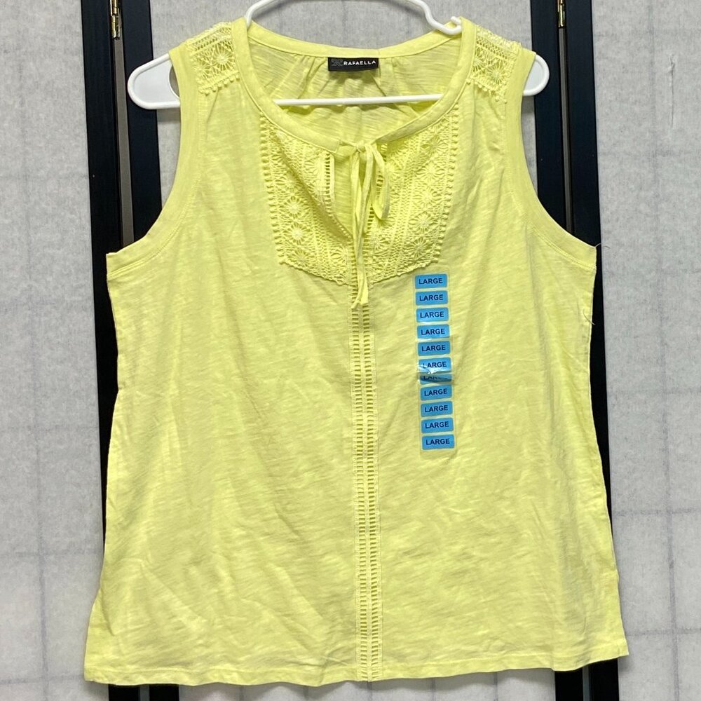 Sleeveless Tie V Neck Crochet Lace Front Tunic Tank Top Yellow NWT L